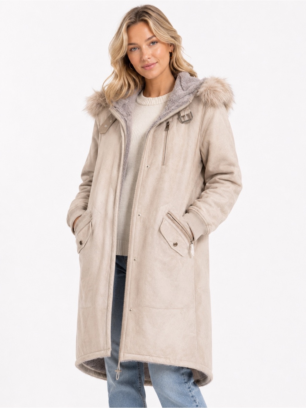 Urbancode London Size 8 Women’s Faux-Suede Hooded Coat with Fur Trim Light Gray